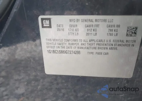 2016 Chevrolet Cruze Ls Auto из США, поврежденный, VIN 1G1BC5SM9G7274286